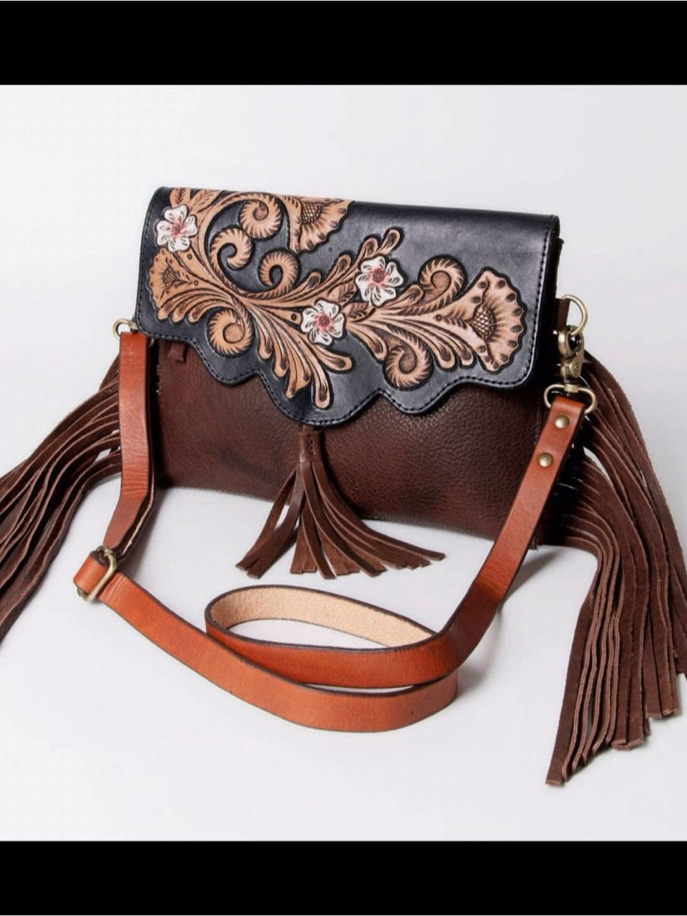 American Darling Brown & Black Leather Crossbody with Floral Tooled Flap